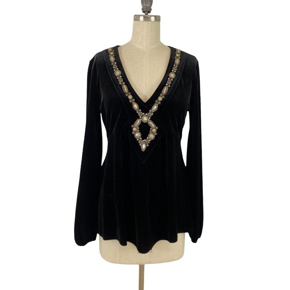 Gabriella‎ Rossi Y2K Top M V-Neck Velvet Dark Whimsygoth Embellished Witchy